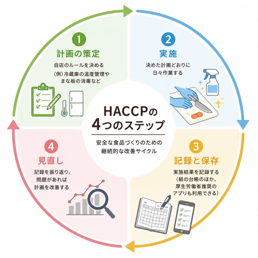 HACCPの4つのステップを示す円環図。計画の策定、実施、記録と保存、見直しのサイクル