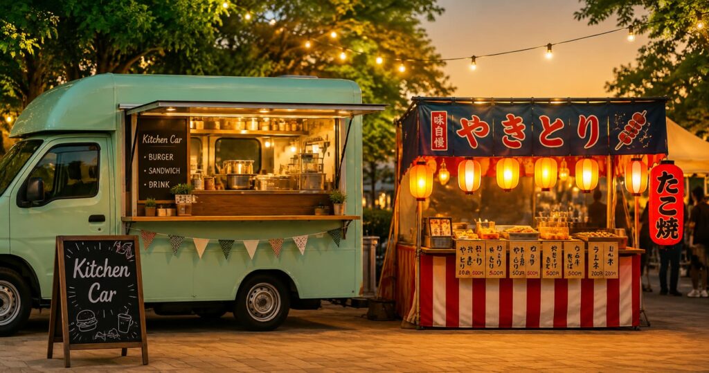 夕暮れの会場に並ぶキッチンカーと露店（屋台