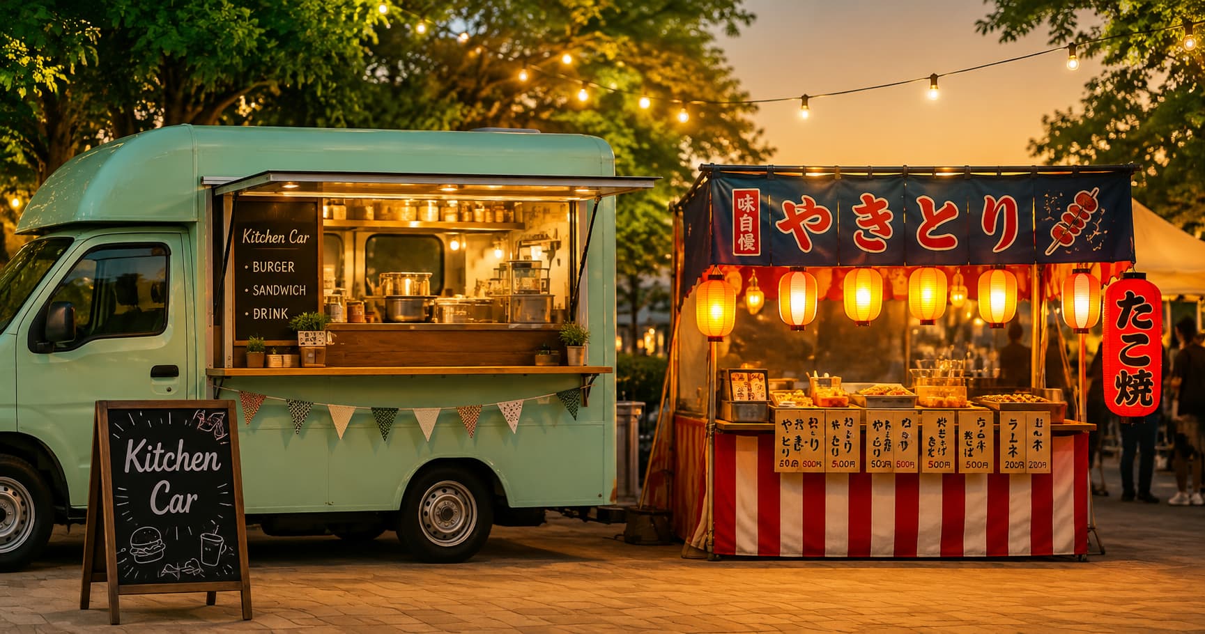 夕暮れの会場に並ぶキッチンカーと露店(屋台
